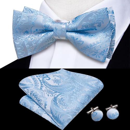 Image of Hi-Tie Bow Tie Men Pre Tied Bowtie Pocket Square Cufflinks Lapel Pin Formal Wedding Bow Ties for Men Party Tuxedo Bowtie Set,Baby Blue Paisley Floral
