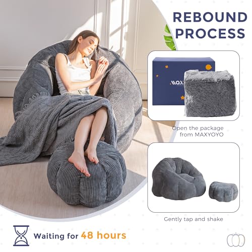 Image of MAXYOYO Giant Bean Bag Chair with Ottoman, Pumpkin-Shaped Bean Bag Sofa with Footstool, Oversized Boneless Couch Chair in a Box, Comfy and Lazy Lounge for Dorm, Living Room, Bedroom, Dark Grey