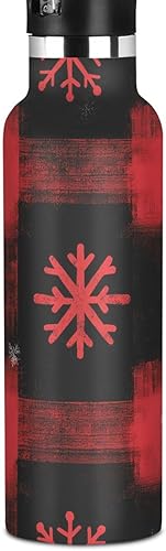 Kids Water Bottle for School, Kids Water Bottle Stainless Steel for Travel or School 20 Oz, BPA-Free, Red Snowflakes Black Buffalo Plaid
