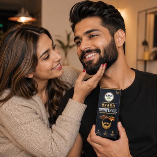 Image of Khadi Organic Beard Growth Oil with Coffee Beans & Almond Oil for Men | Fast Absorption, Non-Sticky & Nourishes Patchy Beard | 50 ML