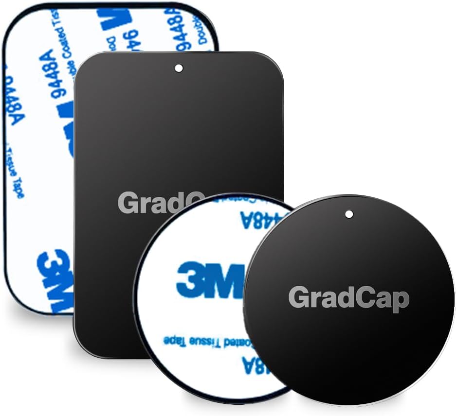 GradCap Metal Plate for Magnetic Phone Mount - 4 Packs Universal Ultra Thin Black Metal Disc w/Strong 3M Adhesive Sticker - Replacement Accessory Kit - 2 Rectangle (1.75"x2.5") & 2 Round (1.5"x1.5")