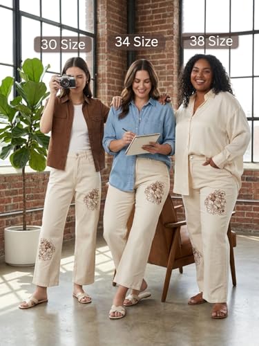 Image of GRECIILOOKS Embroidery Jeans for Women| Women's Summer Wide Leg Denim Jeans | High Waist Straight Fit Casual Pants for Office, Vacation & Everyday Wear