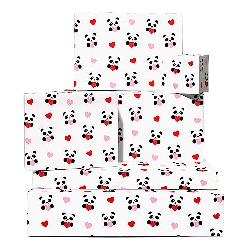 Central 23 -6 folhas de papel de embrulho - Panda Love Hearts - Papel de embrulho de aniversário vermelho branco preto - Para homens e mulheres - Reciclável