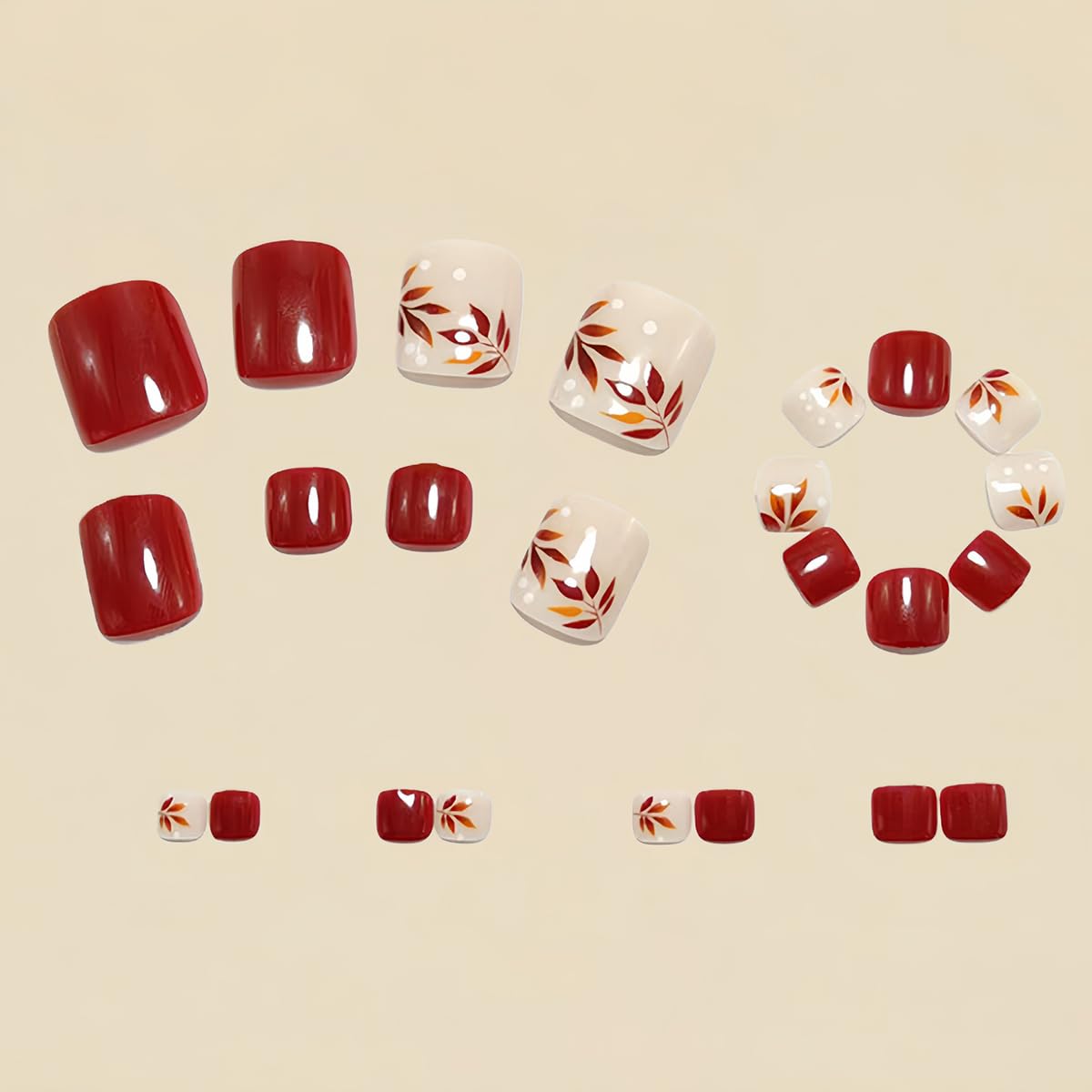 24PCS Fall Press on Toenails Short Square Fake Toe Nails Cute Toe Nail Press ons with Maple Leaf Design Wine Red Glossy Fake Toenails Full Cover Acrylic Toe Nail Tips for Women Manicure DIY