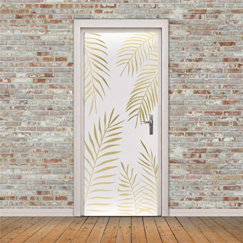 ZOOINB Stickers De Porte 3D Moderne Art Feuilles d'or Artistiques 86X200Cm Auto-Adhésif Mural Poster Porte PVC Sticker Porte Autocollant Papier Peint pour Porte Cuisine Salon Chambre Salle De Bain Cover