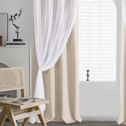 Image of DWCN Beige Blackout Curtains with Sheer Overlay with Tiebacks 84 Inch Long