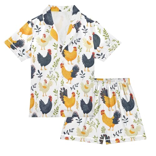 Satin Pajama Sets Short Sleeve Chicken Pattern with Plants Button Down Silky Nightwear 2 Piece PJS 5-14Y