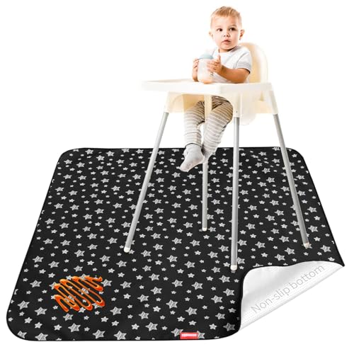 Image of High Chair Mat Waterproof and Washable Splat Mat, Baby Splat Mat for Under High Chair, Non Slip Mat for Art/Crafts/Playtime, Protable Picnic Table Cloth Mat, 46'' x 42'', Black Star