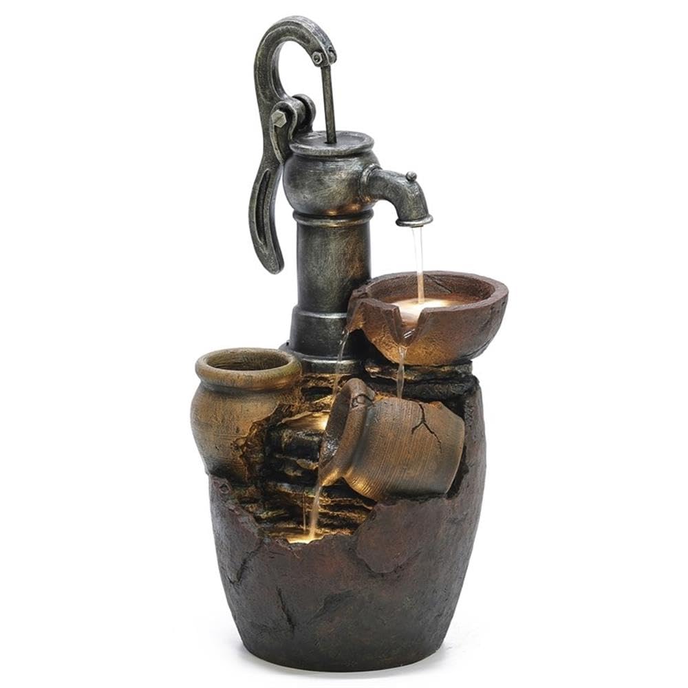 LuxenHome 22.4" Farmhouse Pump and Pots Resin Outdoor Fountain with LED Lights Outdoor and Indoor Water Fountain for Gardens, Landscaping, Patios, Balconies, and Lawns
