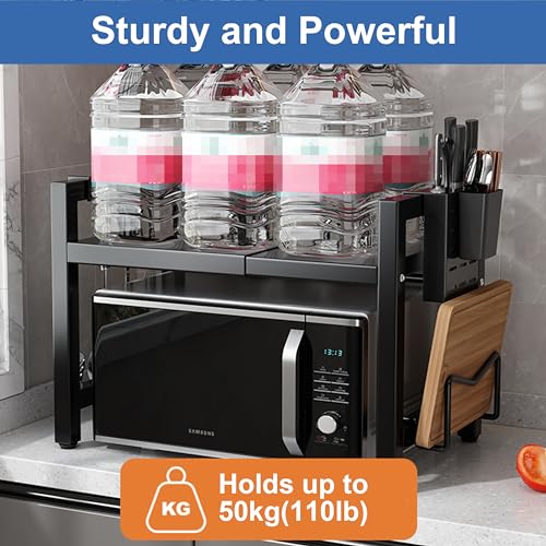Wivico Extendable Microwave Oven Rack 2 Tier Microwave Shelf Stand （16.5in-25.2in*14.2in*18.1in） Adjustable Kitchen Counter Organizer Shelves Microwave Stand Countertop Pot Pan Grill Storage Racks - Image 4
