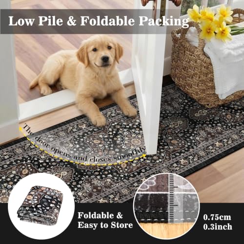TUKDAK Vintage Teppich Läufer Flur 60x180cm, Schwarz Kaffee Boho Teppichläufer für Flure rutschfest, Waschbar Kurzflor Küchenläufer… – Ansicht 6