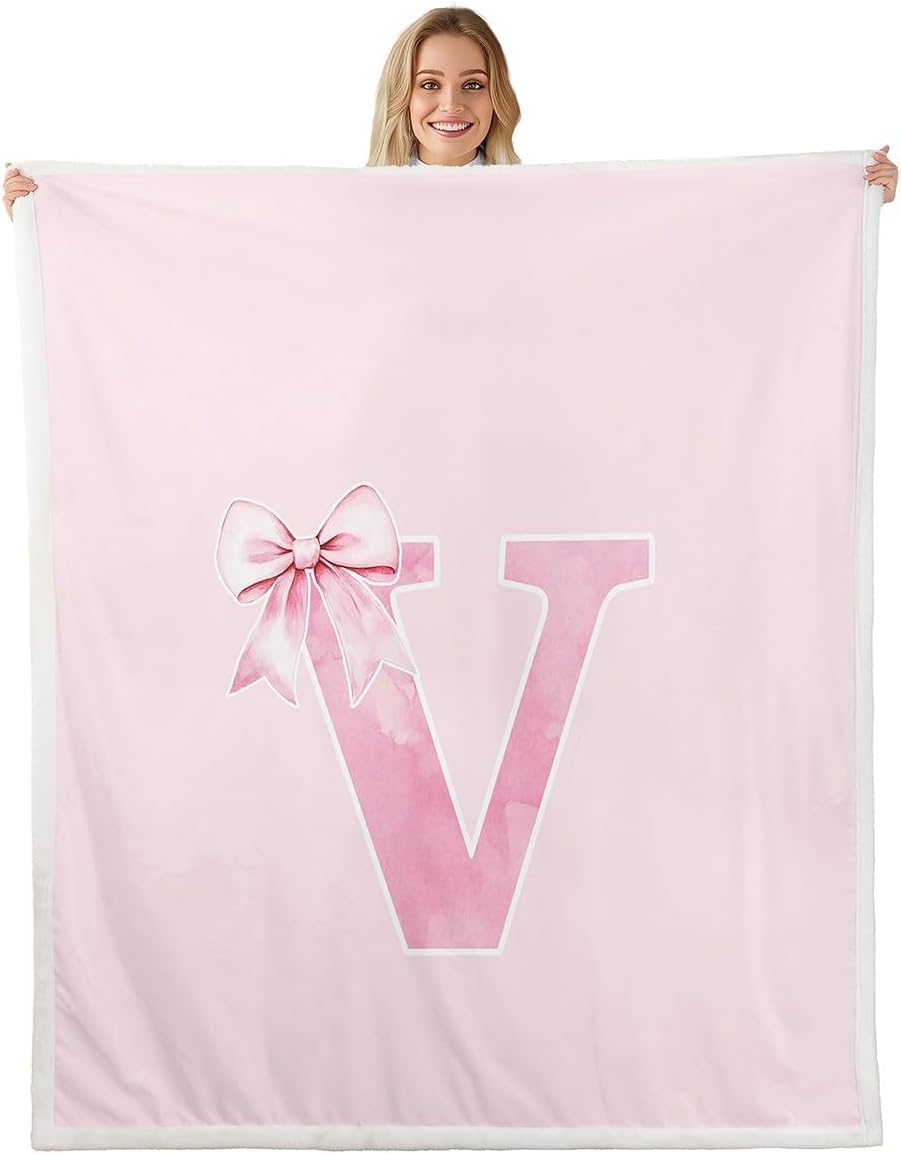 Erosebridal Monogrammed Bows Blanket Twin 60x80 for Girls,Coquette Trendy Initial V Plush Blanket Gifts for Women Daughter,Girly Pink Bowknot Fleece Blankets,Initial Personalized Preppy Decor(V)
