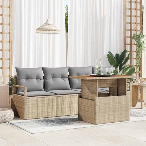 Bucmath Juego de sofá de jardín, 5 piezas, color beige/gris claro, poli-ratán y madera de acacia, resistente a los rayos UV, con espacio de almacenamiento, para terraza y jardín, muebles modernos de