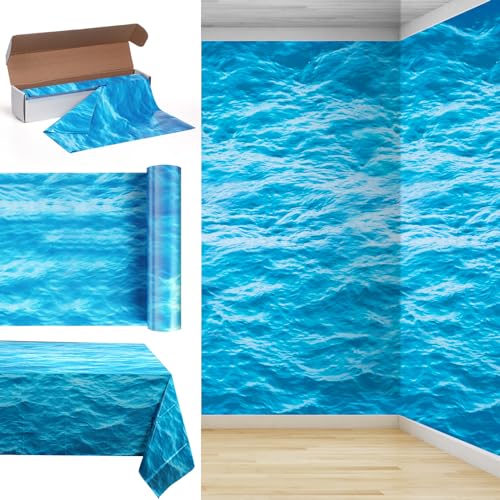 Image of Irenare 1 Roll Ocean Plastic Tablecloth 54 Inch x 100 ft Blue | Water Waves Print, Disposable Table Cover for Under the Sea Theme Decoration Beach Pool Party, Birthday Baby Shower Supplies
