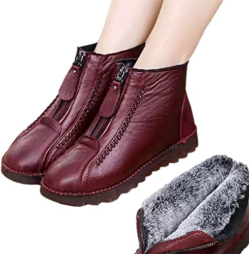 XIAOFLY Retro Soft Leather Velvet Womens Winter Mama Shoes Waterproof Thick Plush Warm Snow Boots Red Black Boot with Zipper