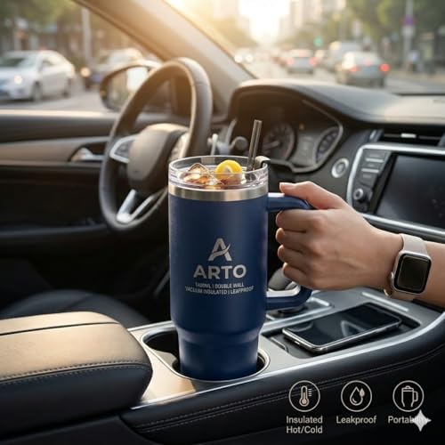 Image of Arto Stainless Steel Insulated Tumbler with Handle and Straw, 1200 ml, Leakproof Lid, Cup Holder Friendly - Multicolour (POF-1)