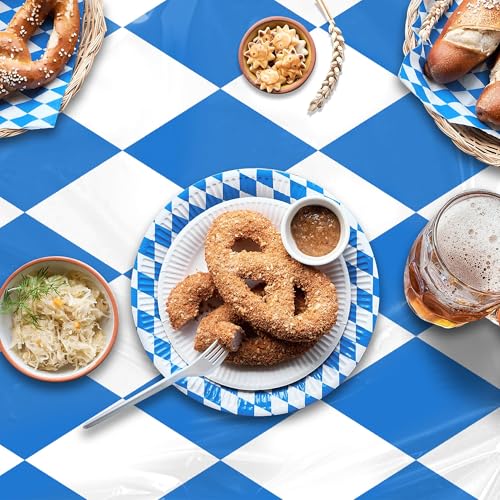 Image of Kochorie100 Ft x 54 Inch Oktoberfest Plastic Tablecloth Roll with Slide Cutter Box Disposable Bavarian Blue & White Argyle Design, Waterproof Blue Diamond Table Cover for Festivals Events Party Decor