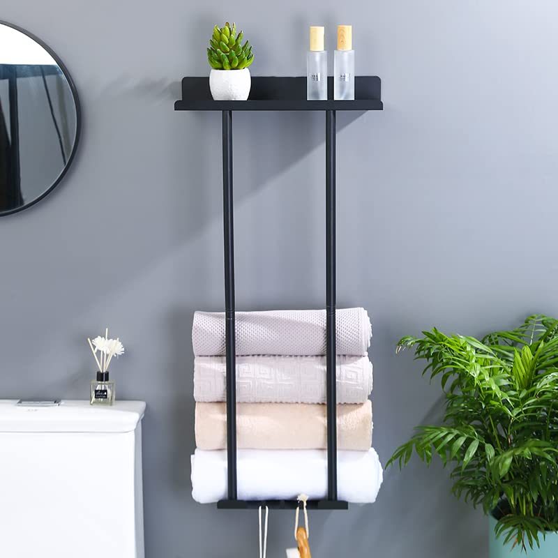 Porte-serviettes noir avec étagères murales pour organisateur de salle de bain