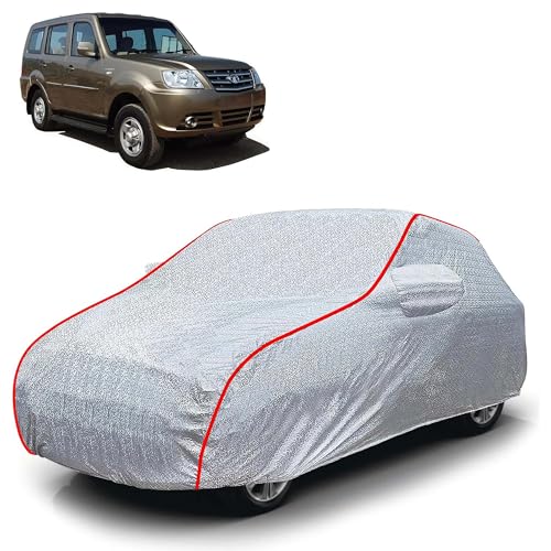 Image of Sulfar 100% Waterproof Car Body Cover Compatible with Mirror for Tata Sumo Grand Dicor (Triple Stitched, Full Bottom Elastic, Magic Silver with Red Piping)