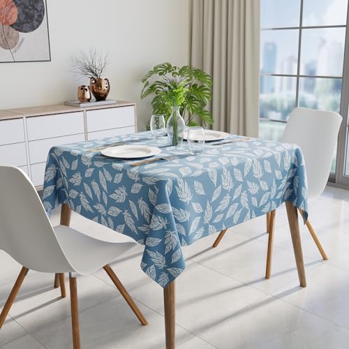 Image of Encasa XO Dining Table Cover Cloth for 4 Seater (57 inchx57 inch) | Cotton Square Dining Table Cloth - Machine Washable Rectangle Tablecover for Wedding, Party, Buffet - Big Leaves Blue