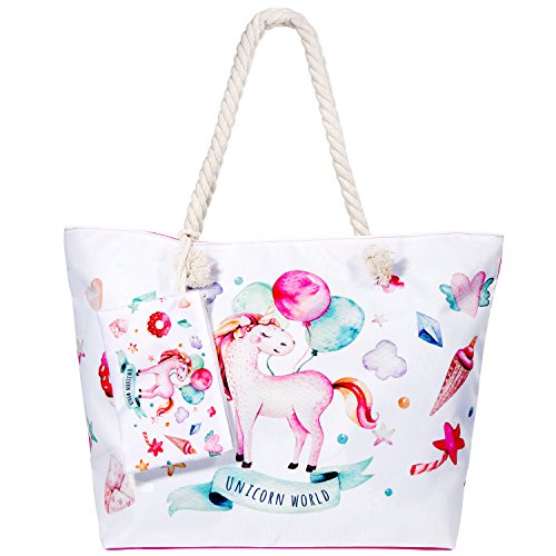 MOOKLIN Bolsa de Playa de Lino Grande niña Mujer Bolsas de viaje Bolsos bandolera Bolsos de mano Bolsos mochila Bolsos totes Shopper Bolsa con Cremallera - Unicorn World