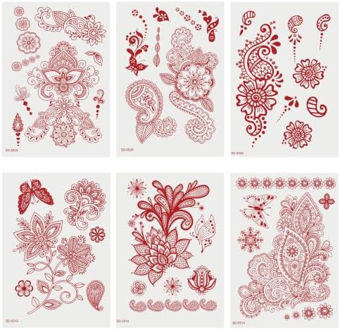 AHIER Temporary Tattoos for Women, 6 Sheets Henna Stickers, Waterproof Red Henna Tattoo Stickers for Women