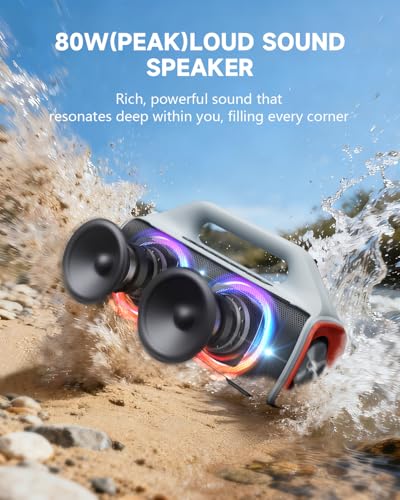 Image of IP67 Waterproof Bluetooth Speaker:80W(Peak) Loud Outdoor Portable Wireless Party Speakers with LED Lights,20H Playtime,Bluetooth 5.3,Deep Bass & TWS for Pool,Beach(White)