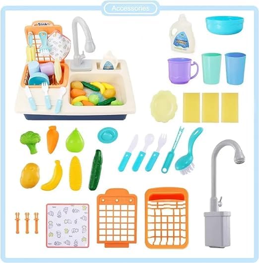 SKYBUCKET Play Kitchen Sink Toys Electric Dishwasher toyith Running Water Automatic Faucets and Tableware Accessories Role Play Kitchen Sink Play Set-Multicolor 1
