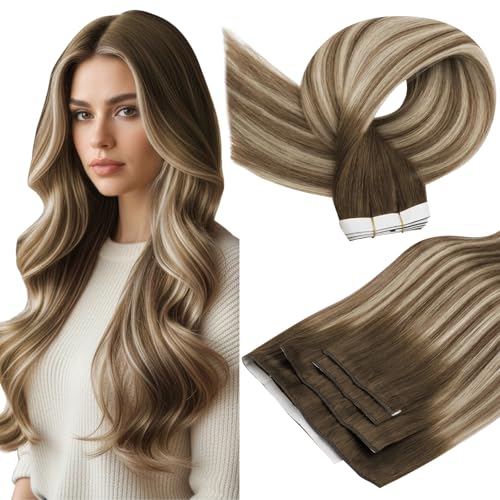 Image of Full Shine Genius Weft Hair Extensions, Ash Brown Beige Blonde 16 Inch | 90g 4 PCS, Invisible Tape Ins Human Hair Extensions, Seamless Construction, Full Shape, Easy Styling, Modern Looks