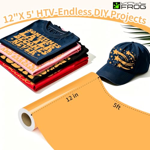 Image of VINYL FROG Pale Orange Heat Transfer Vinyl Roll 12 inch x5ft Matte HTV Vinyl | Light Orange Iron on Vinyl for T-Shirts, Stretchy & Machine Washable Heat Press Vinyl for DIY Craft Designs