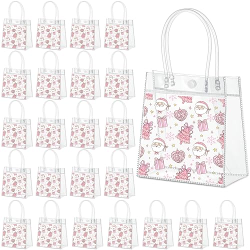 Aliceset 24 Pcs Clear Gift Bags with Handle, Party Favor Santa Claus Print