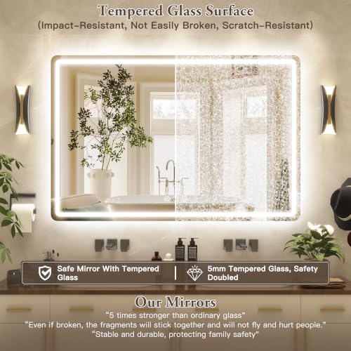 Image of Led Bathroom Mirror with Lights, Anti-Fog & Tri-Color Lighting - Wall Mounted Shaving Mirror with Touch Sensor, Waterproof Smart LED Vanity Mirror Tempered Glass Dimmable 60 inch x 40 inch