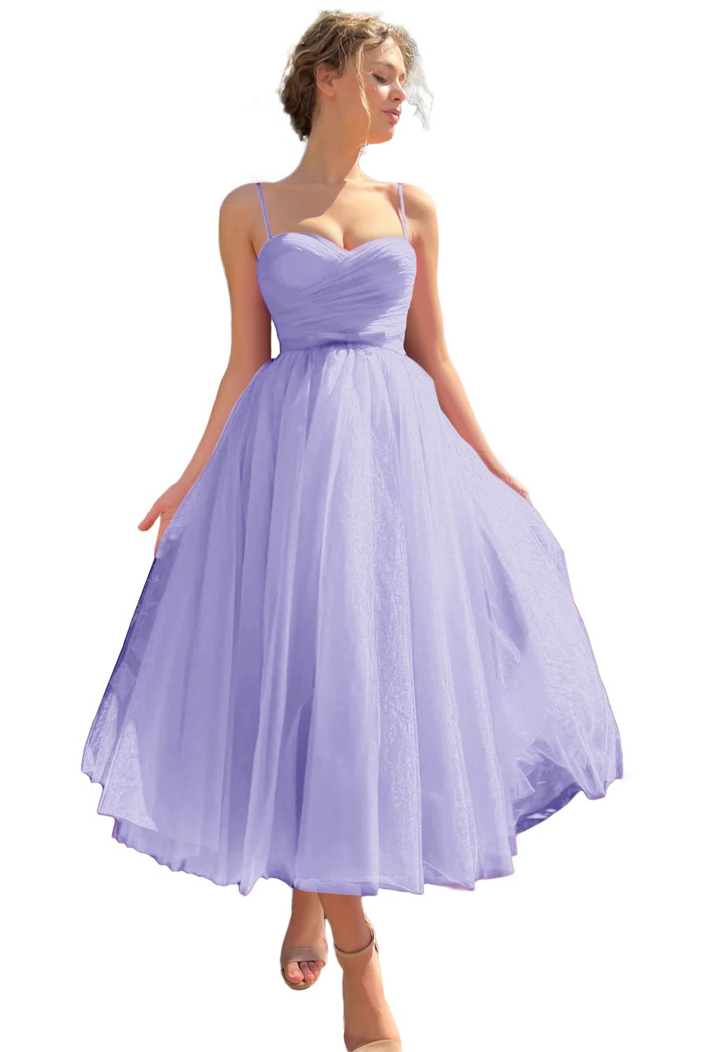 Sevintage Spaghetti Straps Tulle Prom Dress Tea Length Formal Party Evening Dress with Pockets