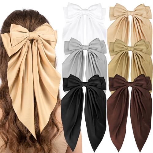 6 Pcs Long Big Satin Hair Bows Bulk for Women & Girls