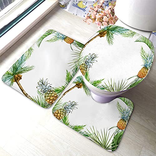 Badezimmerteppich-Set, 3-teilig, Tropische Aquarell-Palmenkiefer, waschbare Badeteppiche, rutschfest, mit Rückenpolster, Konturteppich und Toilettendeckelbezug