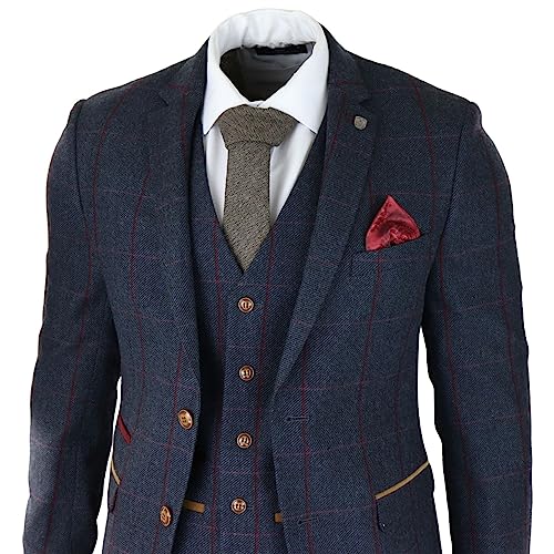 Mens Herringbone Tweed 3 Piece Navy Red Check Suit Vintage 1920s Tailored Fit2