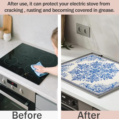 Image of Blue White Tile Stove Top Covers Pad 28 x 20 inches Dish Drying Mat Coffee Bar Mats Kitchen Decor Absorbent Pad Fit Coffee Maker Machine Dish Drying