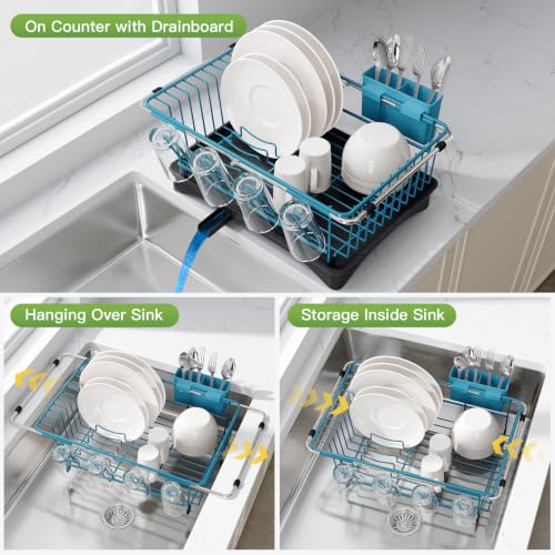 Image of JASIWAY Blue Dish Drying Rack in Sink with Drainboard and Utensil Holder