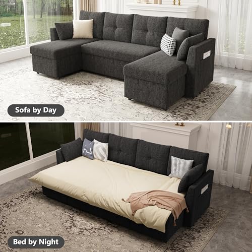 Image of Huatean Home Oversized Sleeper Sofa Couch, 110 inch 2 in 1 Pullout Couch Bed with Side Pockets for Living Room, Sectional Sleeper Sofa Bed with Double Storage Chaise, Black