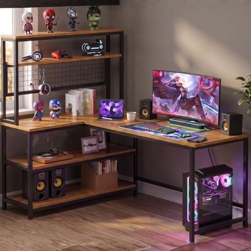 Image of L Shaped Computer Desk with Bookshelf | Gaming Table with Storage Shelves, Metal Frame, Monitor Stand, Organizer Hooks | Wooden Study Table for Home, Office & Work from Home | DIY.