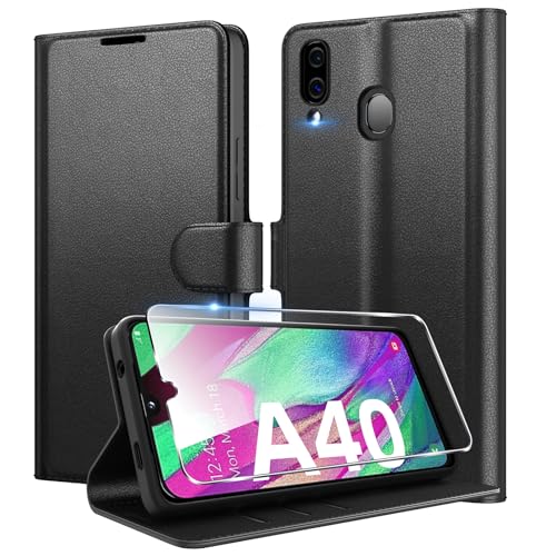 Eirltiy Cover per Samsung Galaxy A40 Portafoglio Pelle PU Premium, Custodia Scomparti Carte Antiurto Protettiva Case con 1 Vetro Temperato, Nero