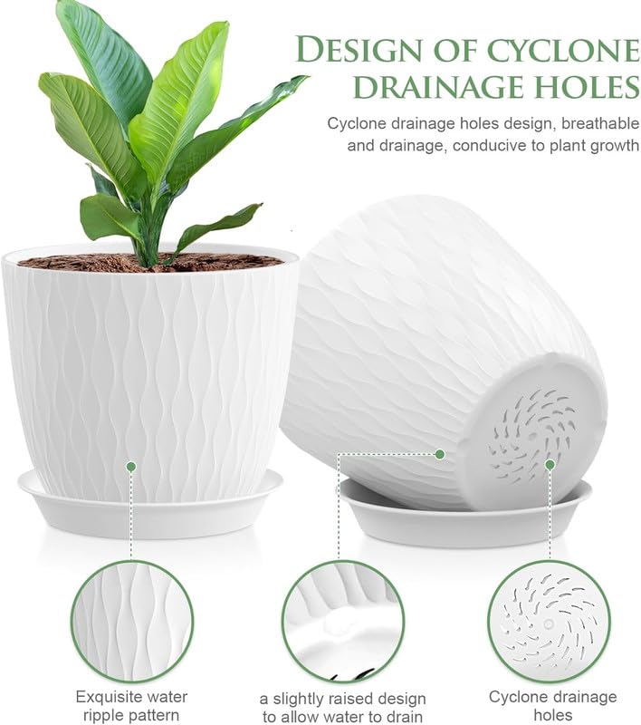 Image of StyleX Store Plastic Round Flower Pots with Drainage Hole Saucers | Durable Outdoor Indoor Wave Pattern Planters with Tray | Plant Containers for Garden, Office, Balcony and Home (Set of 5, White)