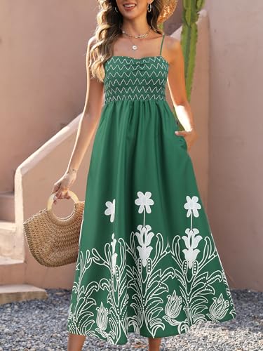 Image of Gardenwed Women's Floral Print Maxi Dress,Spaghetti Strap Smocked Bodice A-Line Sundress with Pockets