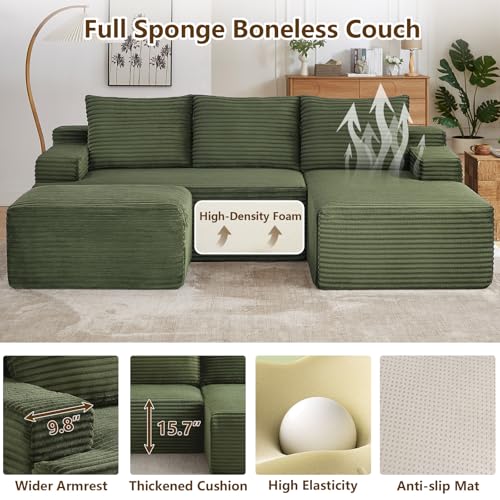 Image of 96 inch U-Shape Cloud Couch, Modern Modular Sectional L-Shape Sofa with Ottoman, Corduroy Upholstered Couches Deep Seat Sleeper Chaise Longue for Living Room, No Assembly Required(Green, Right Facing)
