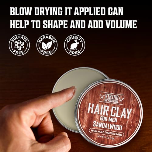 Image of Viking Revolution Sandalwood Hair Clay for Men - Matte Finish Mens Hair Clay - Texturizing Clay Hair Product Men with Jojoba and Vitamin E - Clay Pomade for Men Effortless Hair Styling Cream (2 oz)