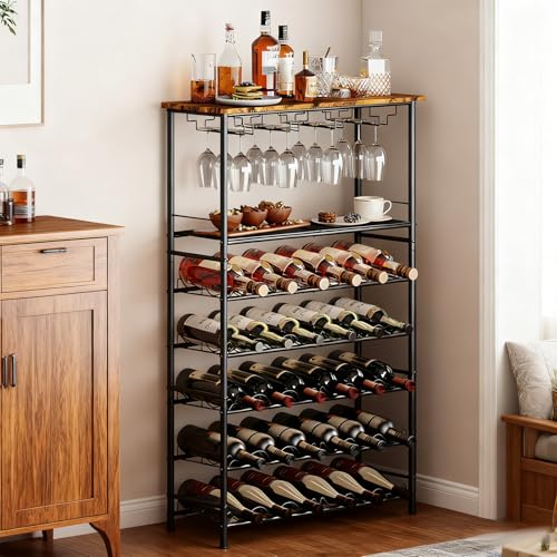 Zertylre Étagère à vin à fond autonome pour 30 bouteilles, support à vin en métal avec support en verre et plateau de table pour cuisine, bar, cave,...