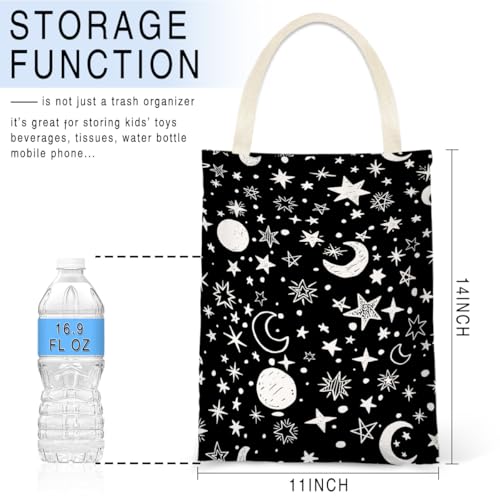 Image of IRADA Car Trash Bag Hanging No Snap Small Garbage Bag for Car Back Seat Cute Printed One-Handed Strap Trash Bags Car Accessories-Moon and Star Black Car Trash Bags