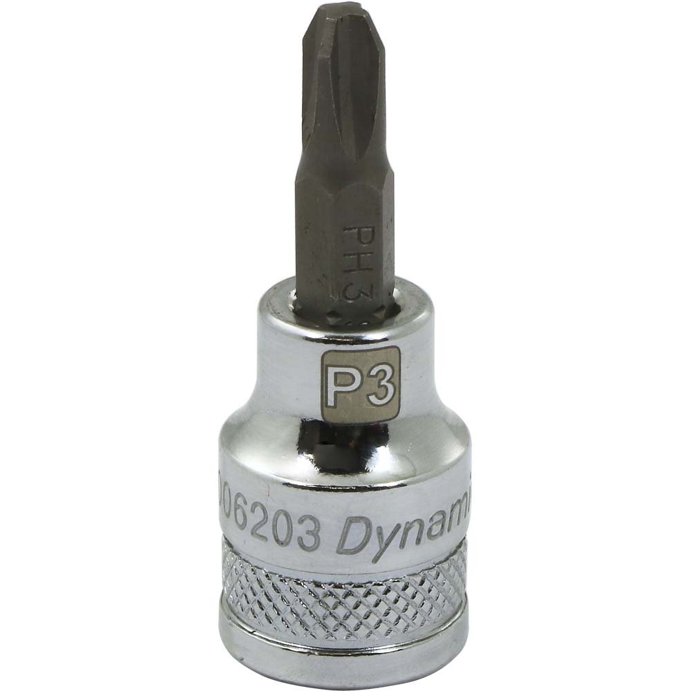 Dynamic Tools 3/8" Drive Phillips Head, Ph#3 Bit Standard Length, Chrome Finish Socket