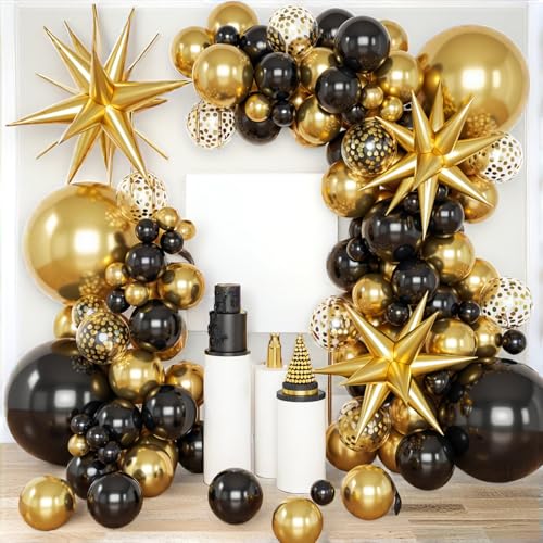 Arche de ballons noirs et dorés 140 pièces avec étoiles 55cm pour un décor haut de gamme