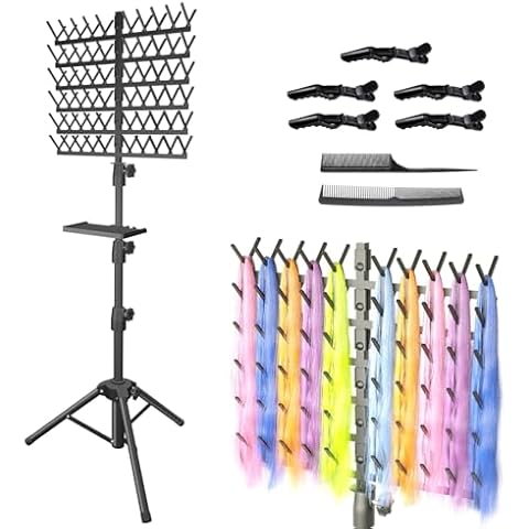 Braiding Hair Rack Stand with Tray, Kereal 2-Side 120 Pegs Hair Braid Rack Adjustable Height Up to 59",with hair braiding accessories of comb and clip, Hair extension Holder for Organizer Hair, Salon Cover